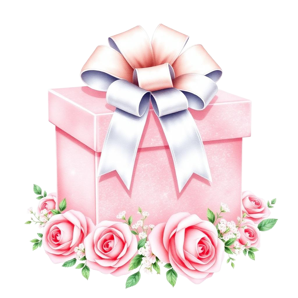Blush gift box with silver bow and roses